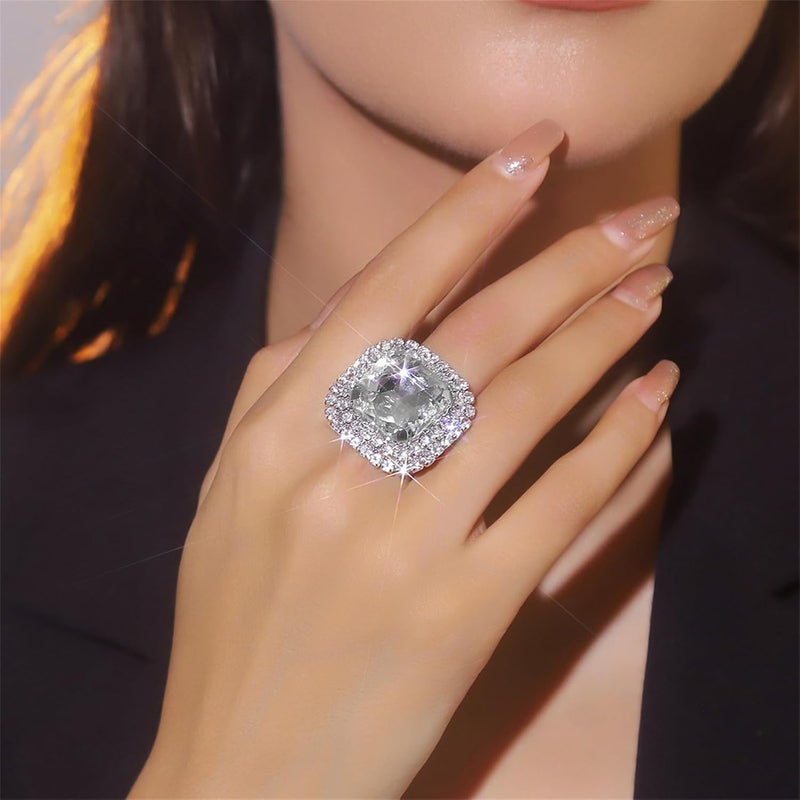 IS4U Sparkling Rhinestone Ring Bohemia Thick Large Oval Geometric Ring Square Princess Rings Fashion Heart Zircon Crystal Ring Prom Wedding Party Ball Rings for Women - Image 3